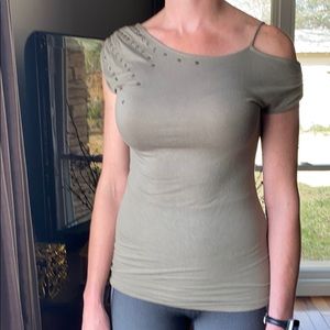 Olive green of the shoulder studded shirt